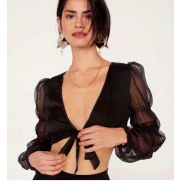 Nasty Gal Tops - Nasty Gal Collection Black Sheer Tie Front Crop Top Puff Sleeve US 10 UK 14